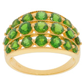 Elegant gold ring featuring multiple round green Chrome Diopside gemstones, perfect for adding luxury to any outfit.